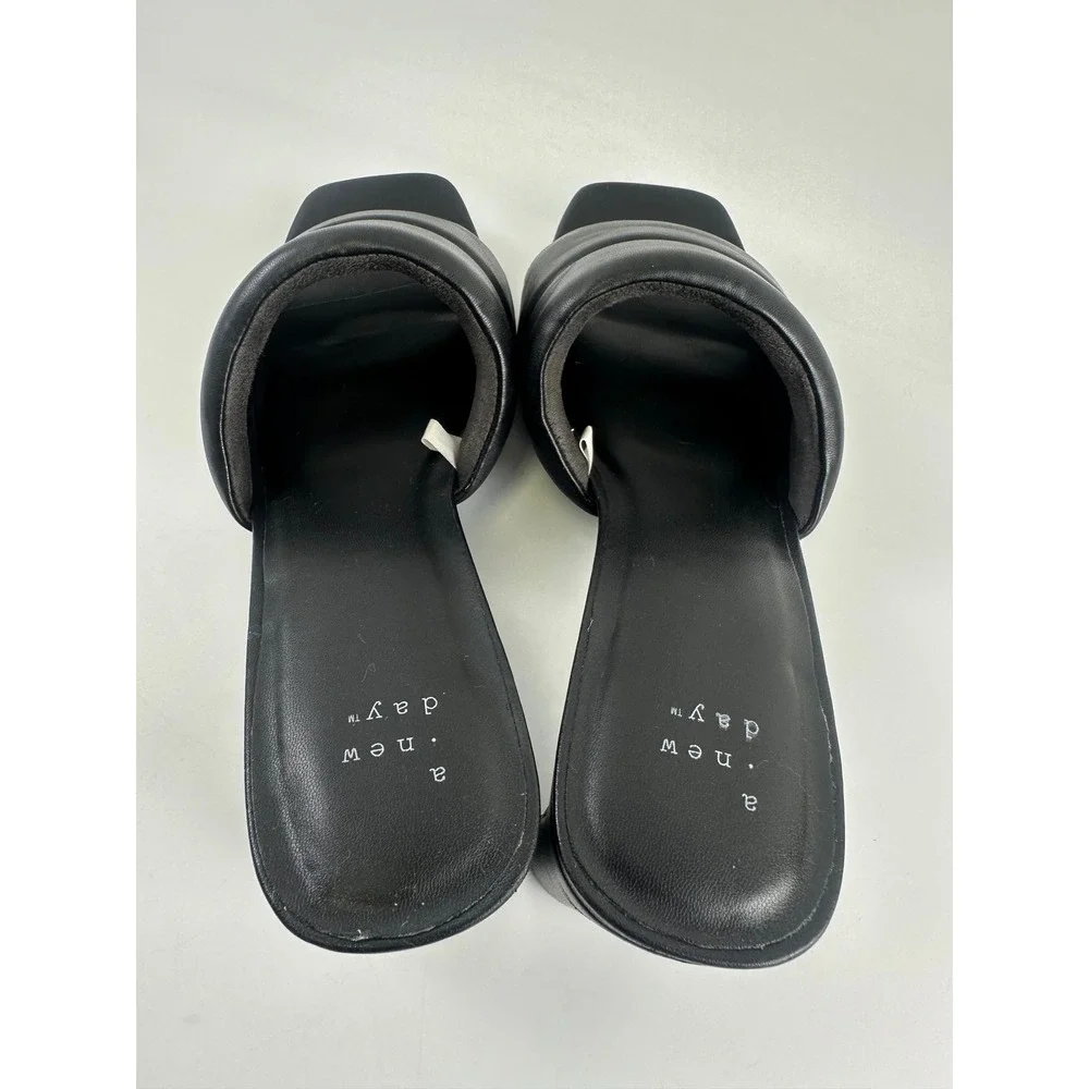 A New Day Padded Slide Heel Sandal Black Faux Leather Square Toe Block Womens 10